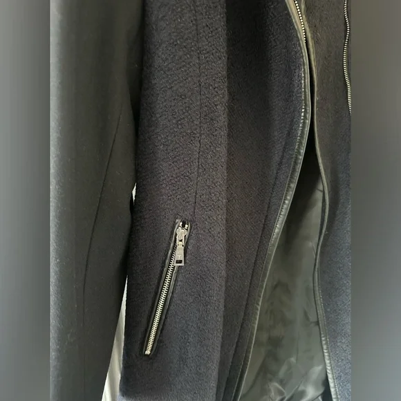 NWT Tahari Elaine Navy Blue Belted Wool Coat with Faux Leather Trim - Picture 8 of 11